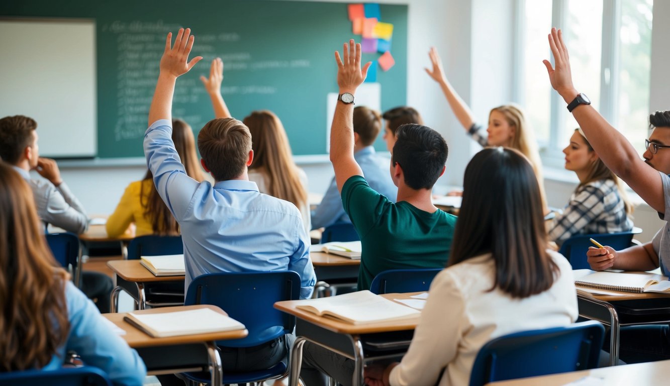 A classroom with students engaged in discussion, raising their hands to answer political questions