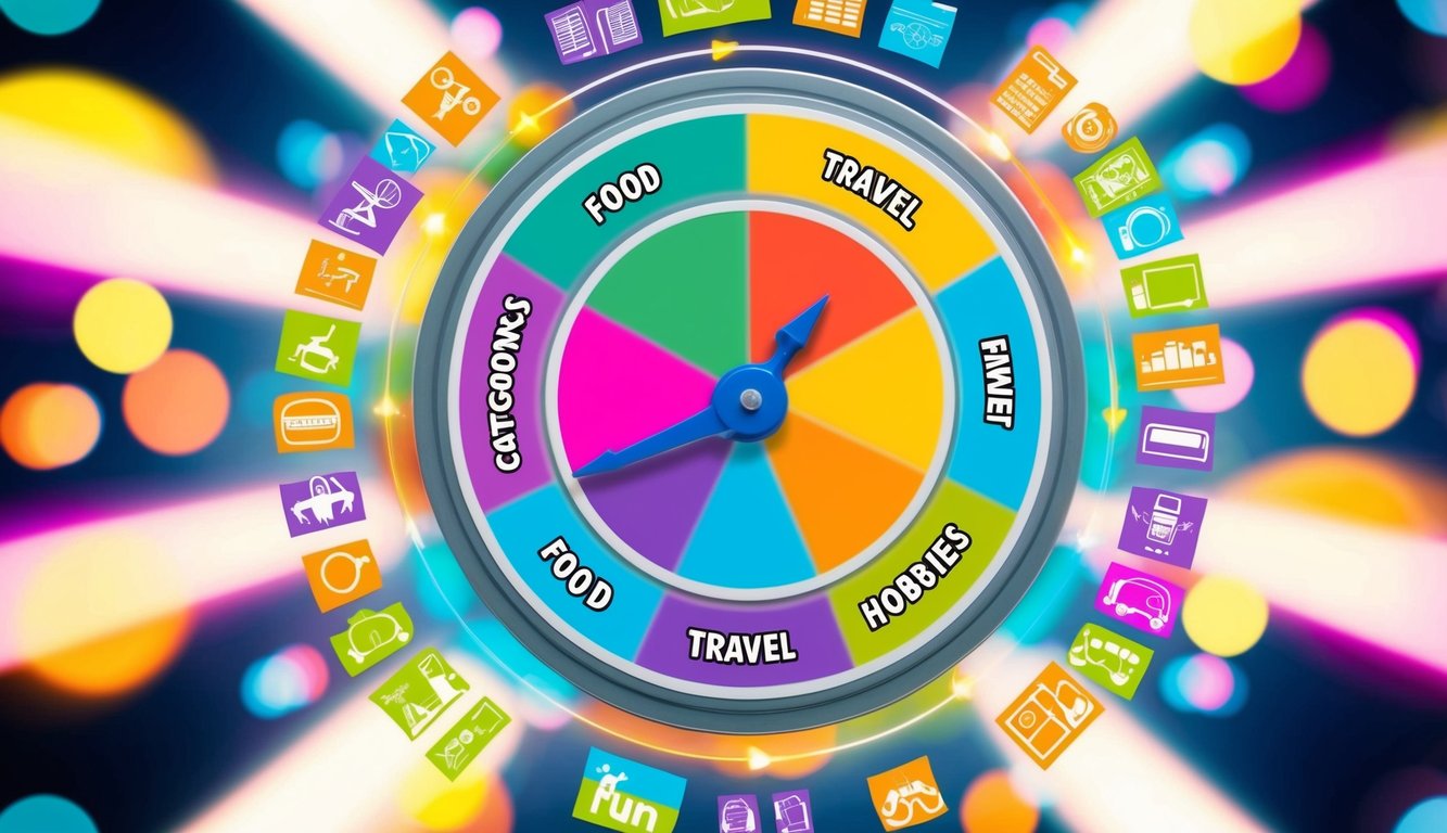 A colorful survey wheel spinning with various categories like food, travel, and hobbies. Bright and fun graphics surround the wheel