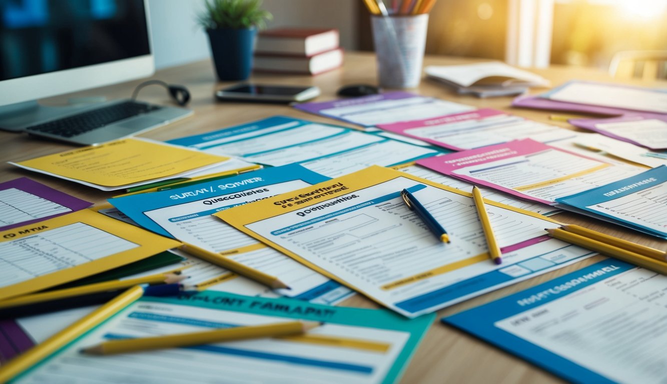 A colorful array of survey and questionnaire forms scattered on a desk, with pencils and pens strewn about, inviting participation