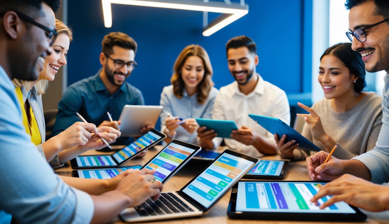 A group of people eagerly filling out colorful, engaging surveys on tablets and laptops, their expressions showing interest and enjoyment