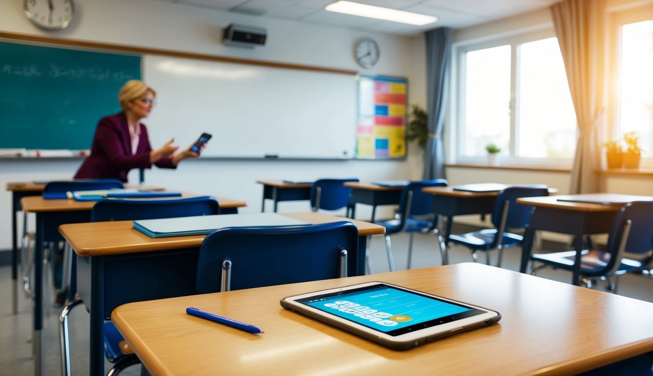 A classroom with a teacher's desk, a whiteboard, and students' desks arranged in rows. A smartphone or tablet with a quiz app is visible on the teacher's desk