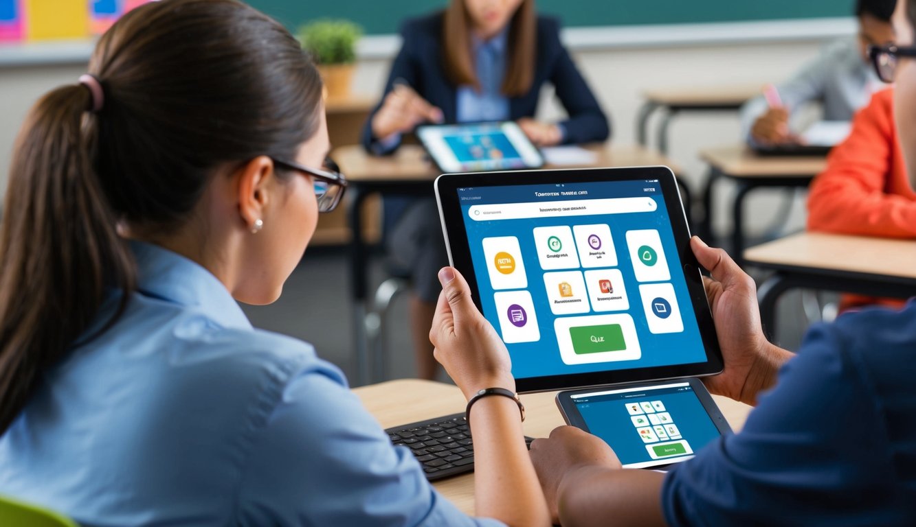 A teacher using a tablet to access a quiz app, while students engage with the interactive content on their own devices