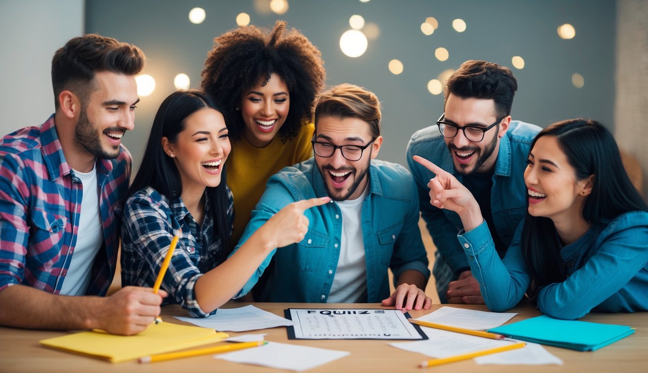 A group of friends laughing and pointing at a funny quiz on a table, with pencils and papers scattered around