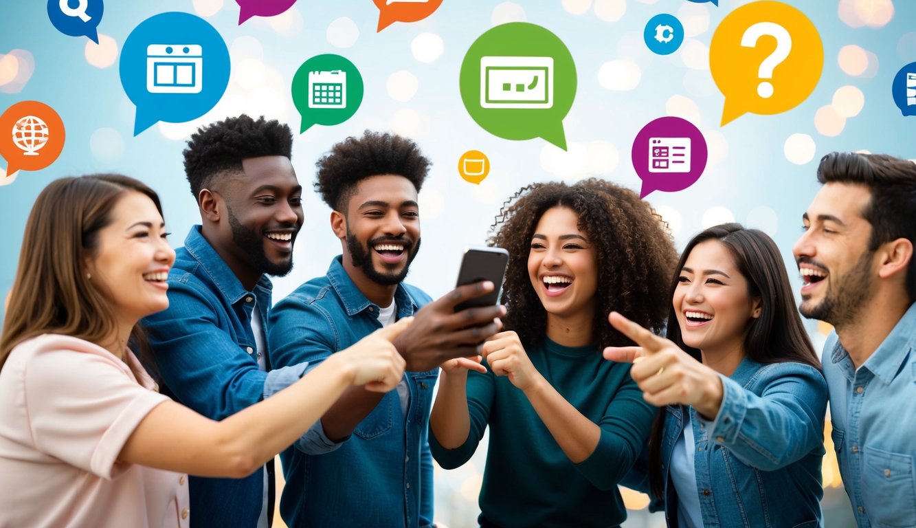 A group of friends laughing and pointing at a phone, surrounded by colorful quiz category icons floating in the air