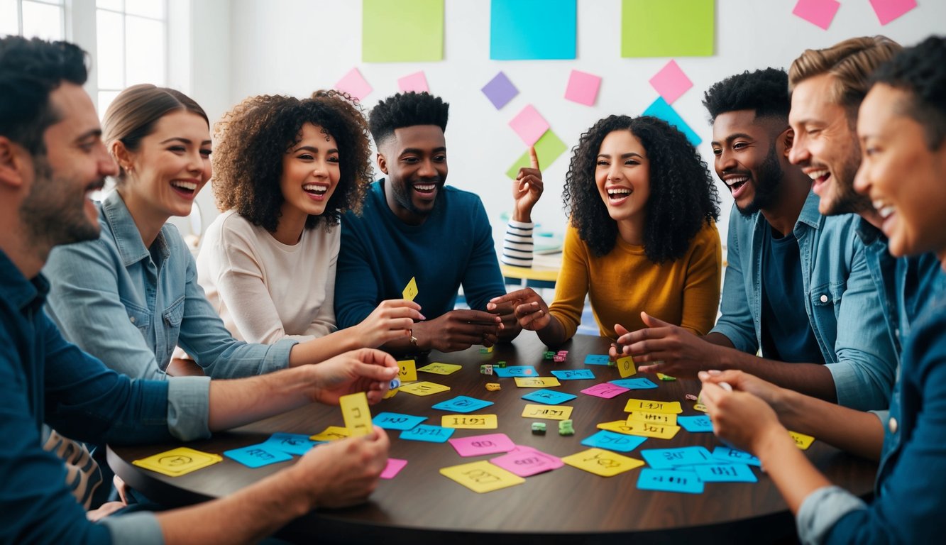 A group of friends gather around a table, laughing and chatting as they compete in a lively quiz party. Brightly colored question cards and game pieces are scattered across the table