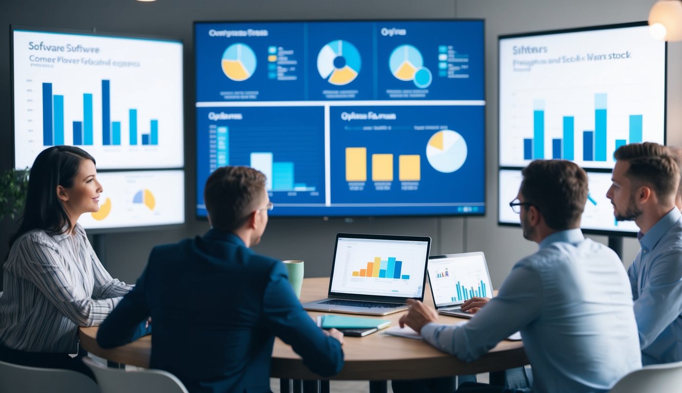 A group of people comparing and analyzing different software options, with charts and graphs displayed on a large screen