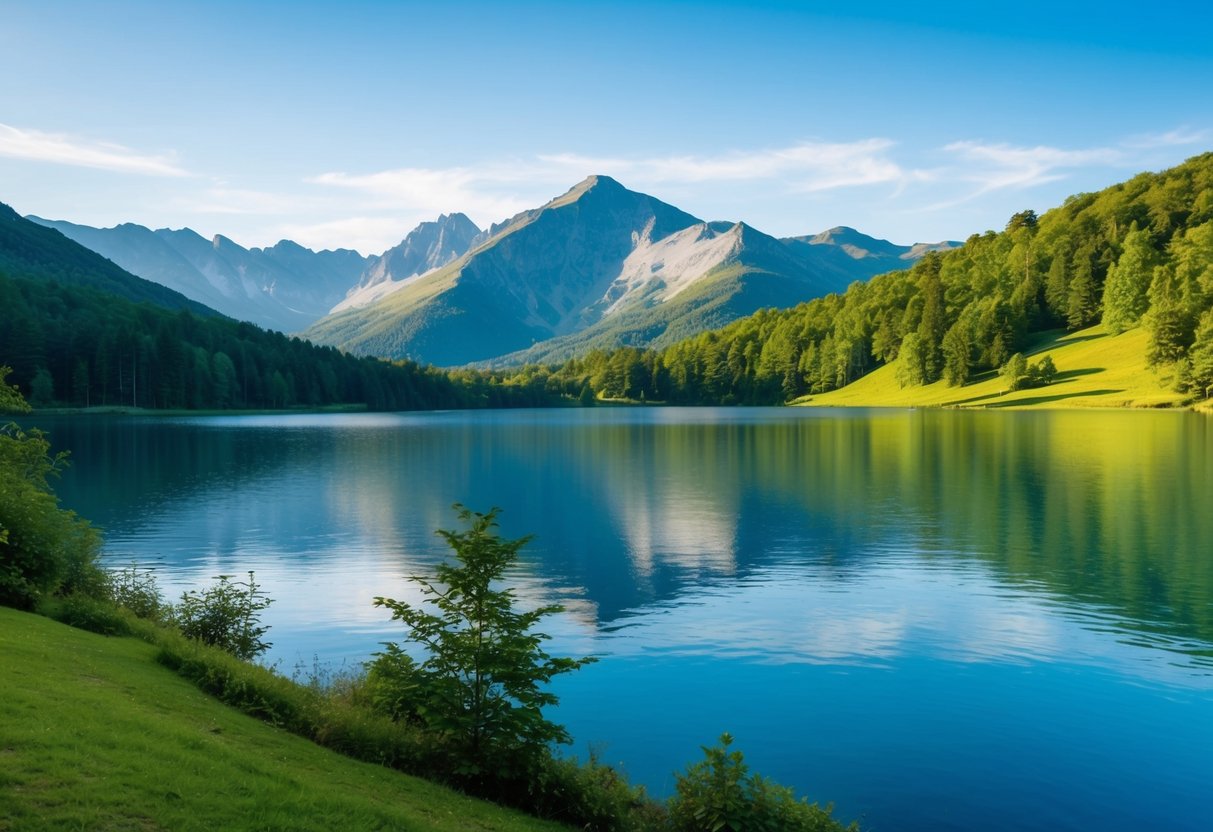 Eine ruhige Berglandschaft mit einem ruhigen See, umgeben von üppigem Grün und strahlend blauem Himmel