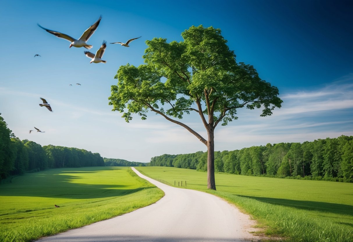 Eine ruhige Landschaft mit einem gewundenen Pfad, der in einen üppigen Wald führt, mit einem klaren blauen Himmel und darüber fliegenden Vögeln