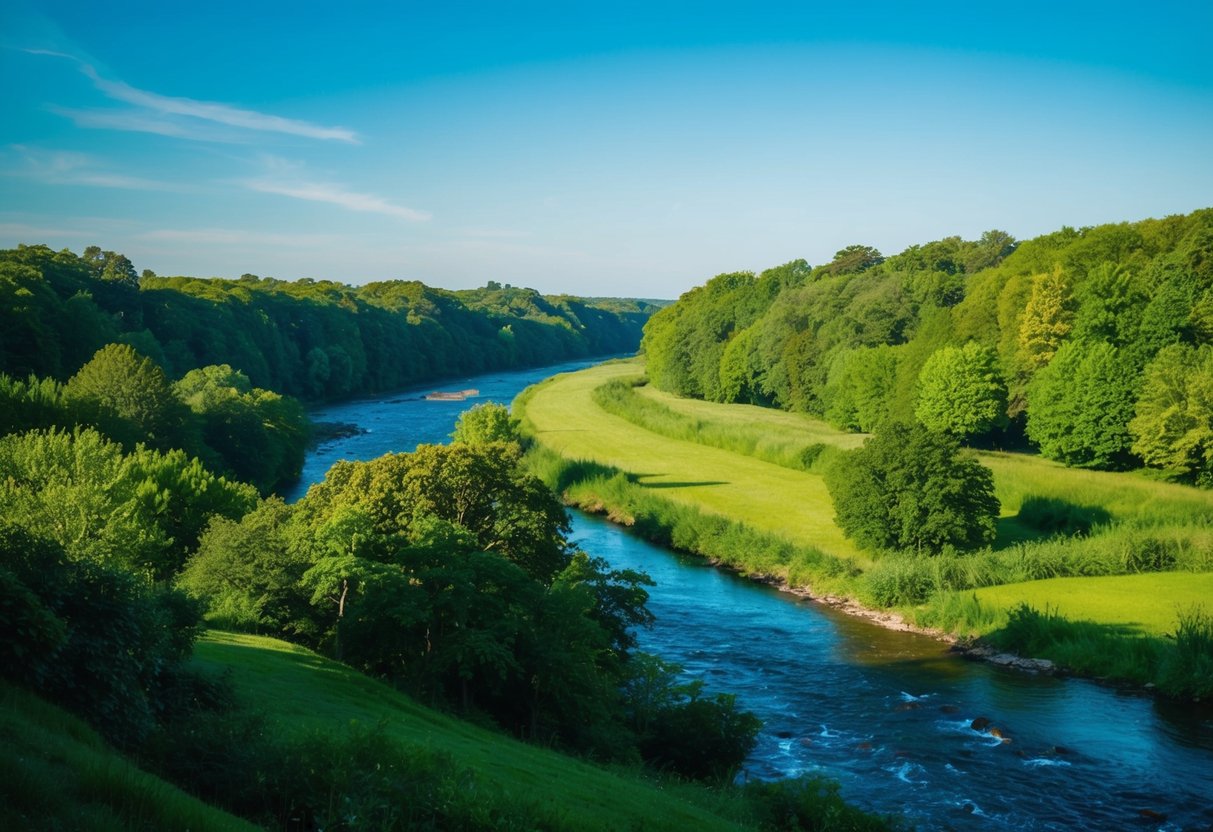 Eine ruhige Landschaft mit üppigem Grün, einem fließenden Fluss und einem klaren blauen Himmel, die ein Gefühl von Frieden und Ruhe für einen digitalen Detox-Retreat hervorruft