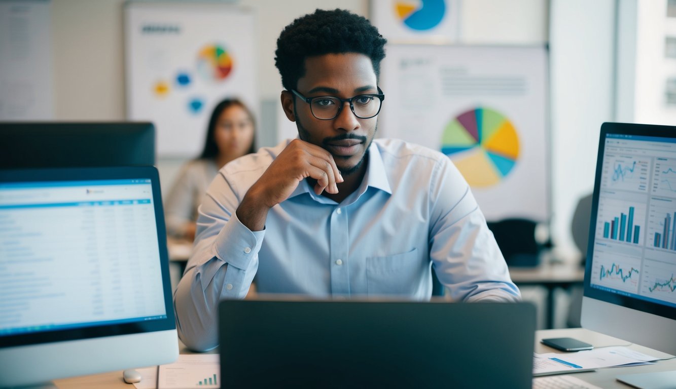 A person analyzing test results on a computer, surrounded by charts and graphs, with a thoughtful expression