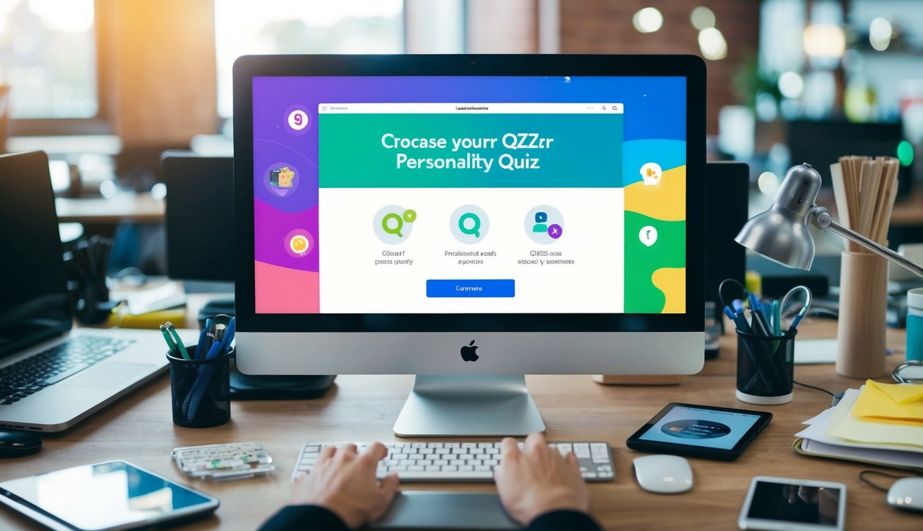 A computer screen displaying a qzzr personality quiz with colorful and engaging graphics, surrounded by various electronic devices and office supplies