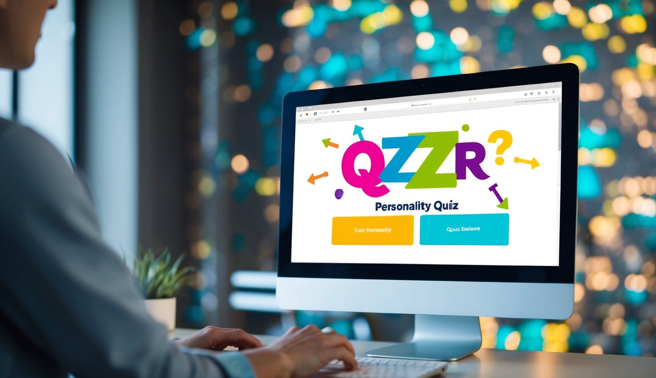 A computer screen displaying a qzzr personality quiz with colorful, engaging graphics. A person's hand hovers over the mouse to click on the quiz