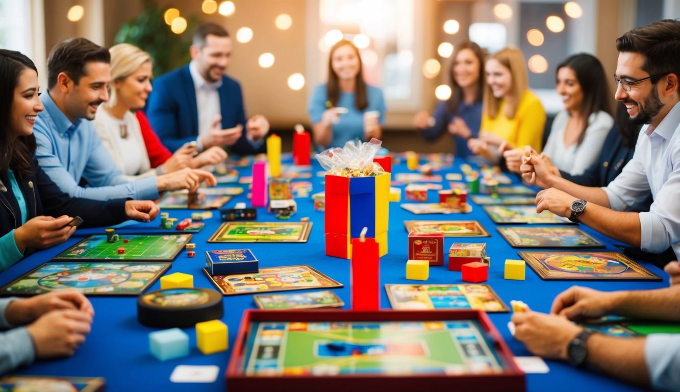 A table filled with various board games and colorful prizes, surrounded by eager participants