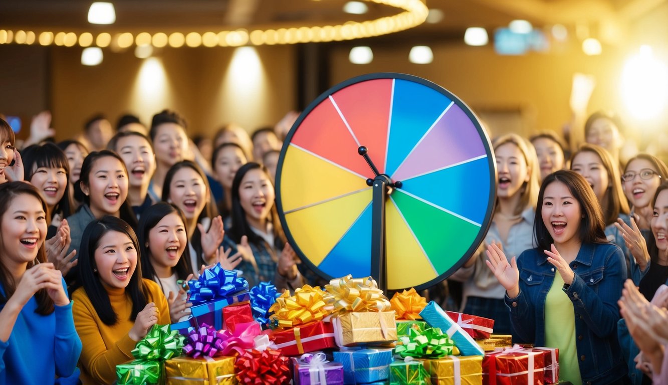 A spinning wheel with colorful segments, a pile of wrapped prizes, and a crowd of excited participants eagerly waiting to play the giveaway game