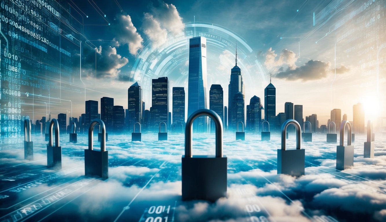 A futuristic city skyline with digital barriers and locks, surrounded by swirling clouds of data and a looming shadow of a cyber threat