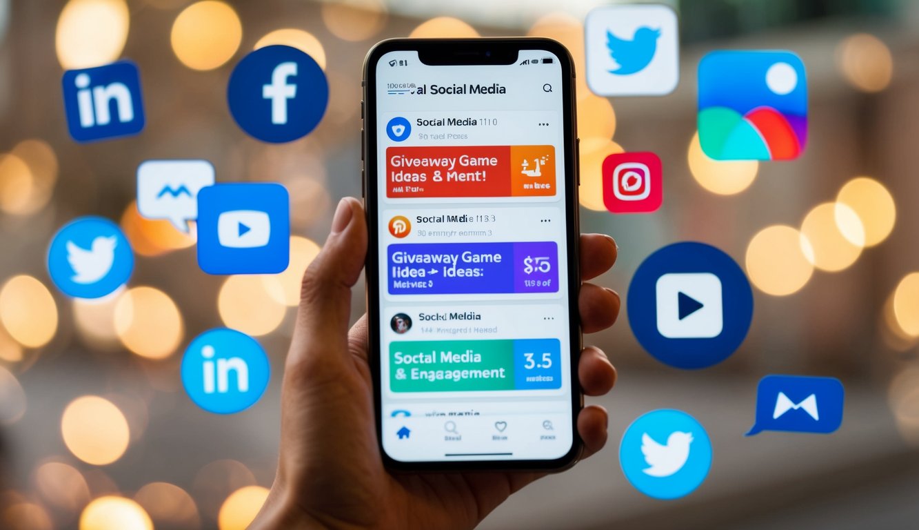 A smartphone displaying various social media platforms with giveaway game ideas and engagement metrics