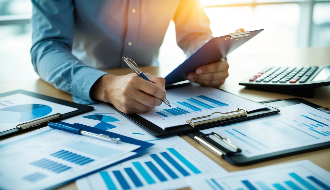 A person holding a clipboard and pen, surrounded by charts, graphs, and survey forms