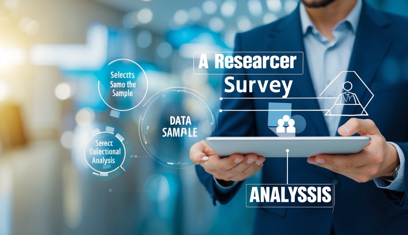 A researcher designs a survey, selects a sample, and collects data for analysis