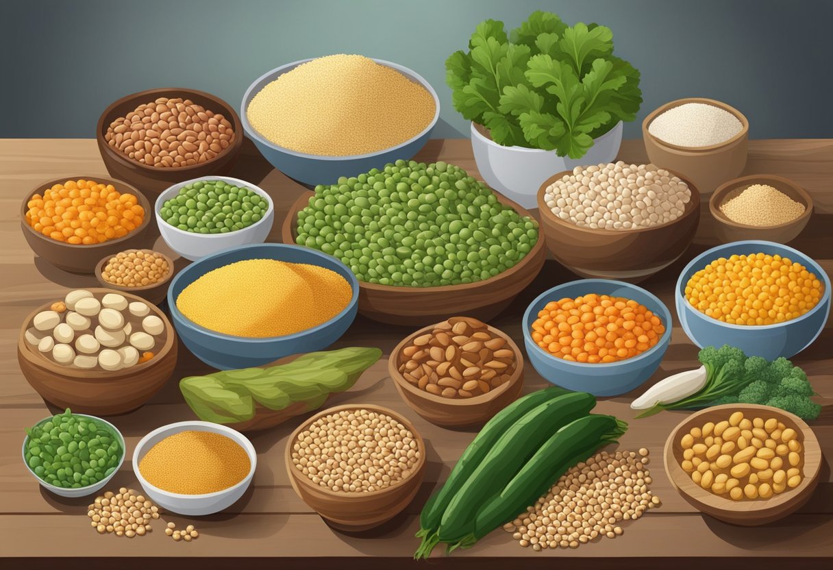 A variety of foods rich in mannan, such as legumes, grains, and certain vegetables, displayed on a table