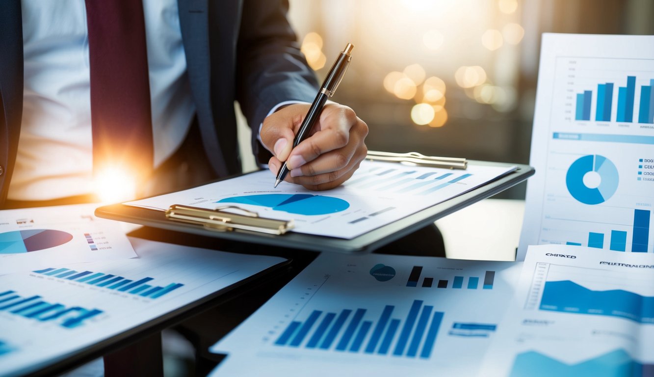 A person holding a clipboard and pen, surrounded by charts and graphs