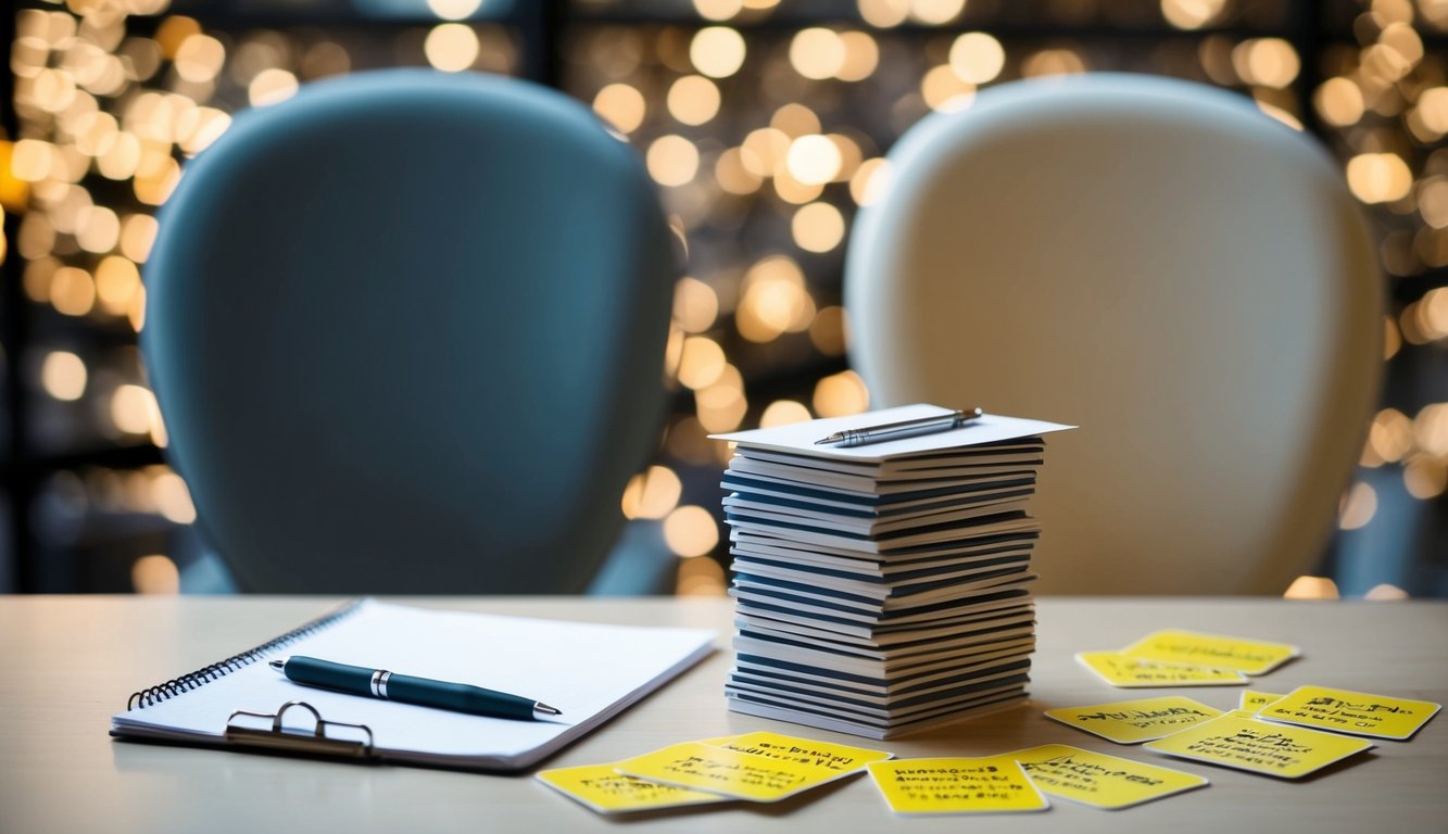 A table with two chairs, one empty and the other with a notepad and pen. A stack of cards with different personality questions scattered across the table