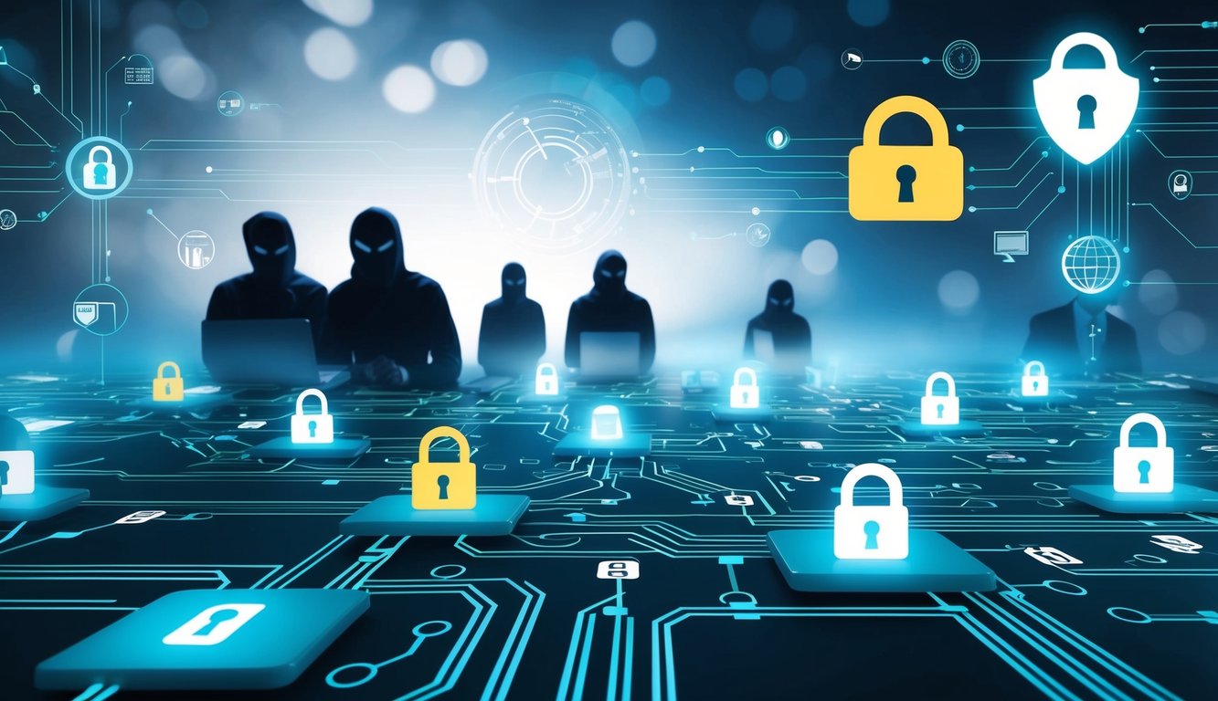 A digital landscape with interconnected devices, lock and key symbols, and looming shadowy figures representing emerging cyber threats, contrasted with bright shield and padlock symbols symbolizing cybersecurity solutions