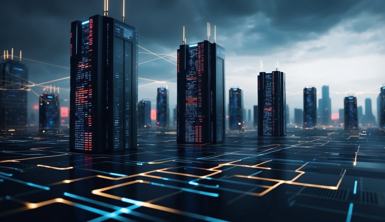 A dark, futuristic cityscape with looming digital structures, pulsing with ominous red and blue lights. A network of glowing lines connects the buildings, representing the interconnected nature of emerging cybersecurity threats