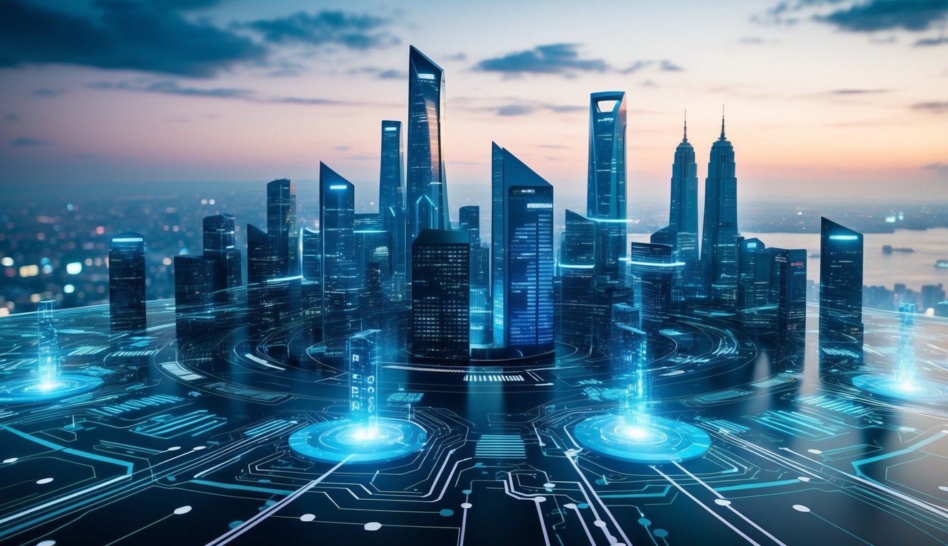 A futuristic city skyline with interconnected digital networks, guarded by advanced security systems and surrounded by potential cyber threats