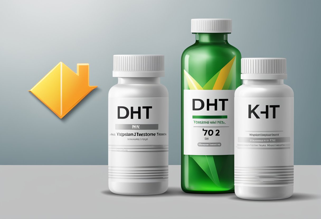 A bottle of Vitamin K2 MK 7 with a label showing a downward arrow next to the letters "DHT" and "maybe testosterone" to indicate a lowering effect