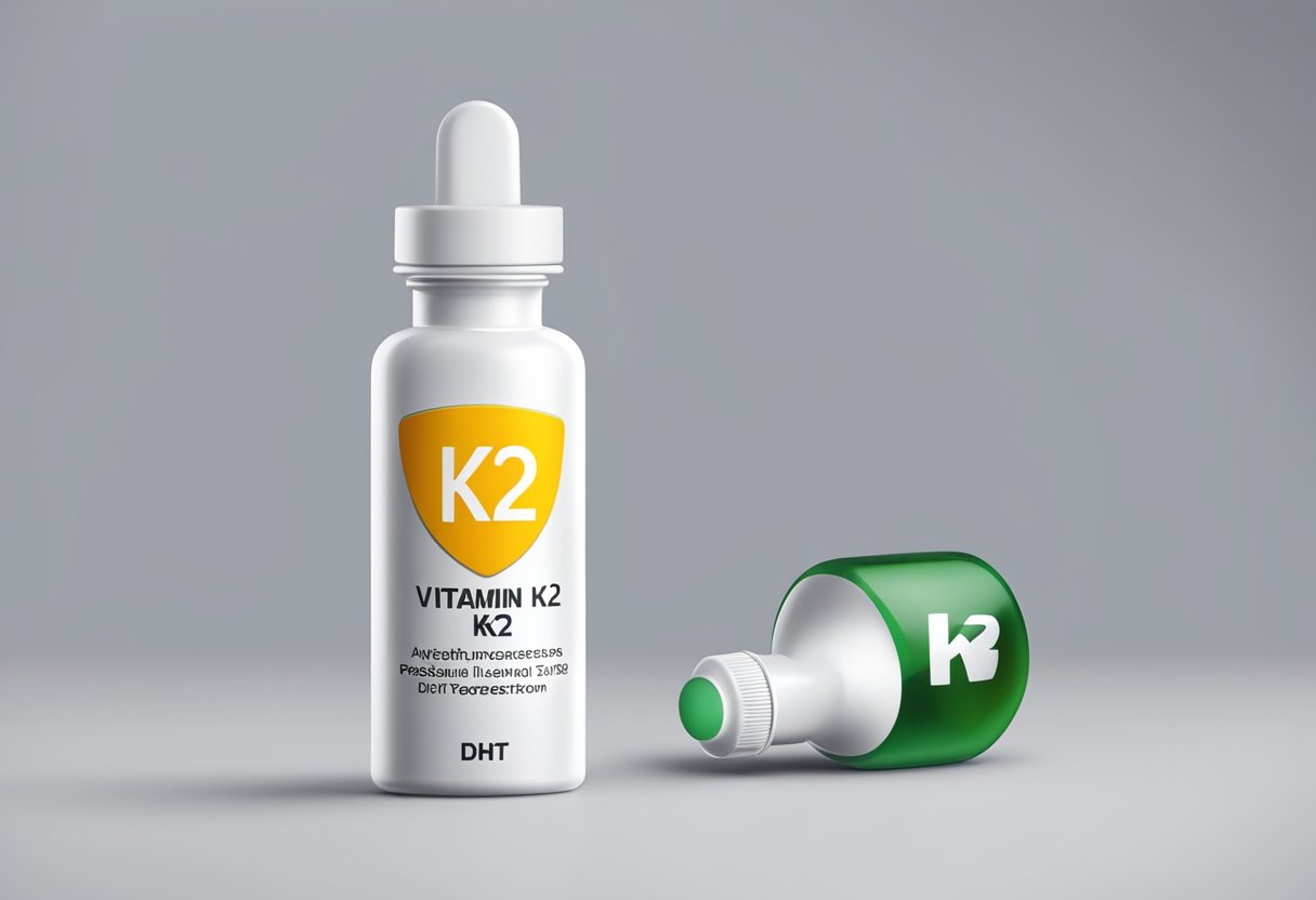 A bottle of Vitamin K2 MK 7 with a label indicating its potential to lower DHT and testosterone levels