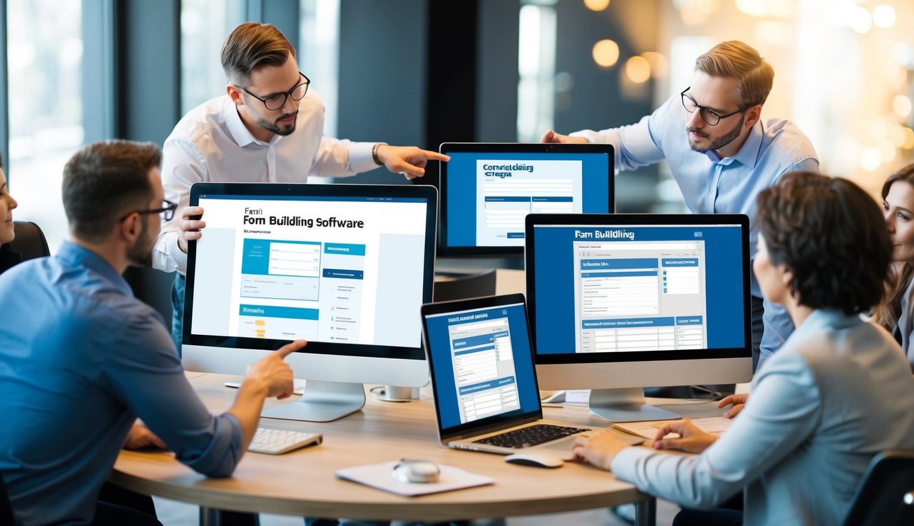 A table with various computer screens displaying different form-building software, surrounded by people discussing and pointing at the screens