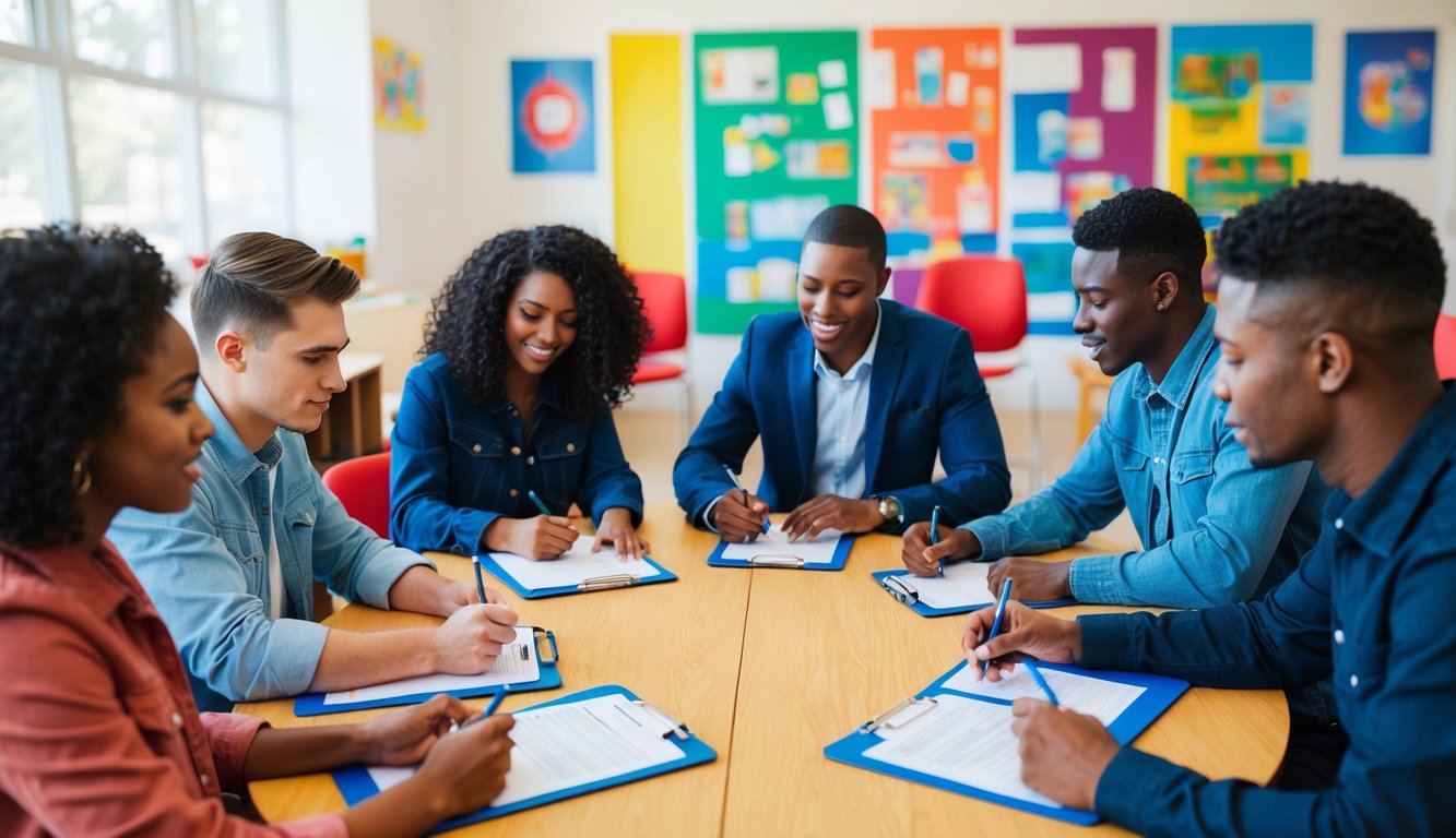 A group of diverse students sit in a circle, filling out a survey on clipboards. The room is bright and welcoming, with colorful posters on the walls