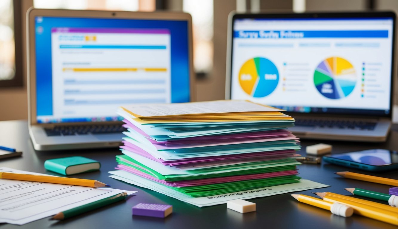 A stack of colorful survey forms with various questions, pencils, and erasers scattered on a desk. A laptop displaying a survey design software program in the background