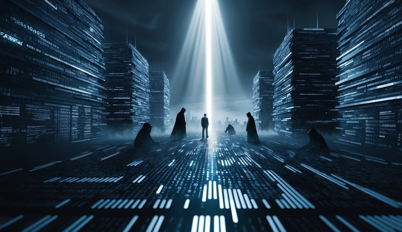 A dark and ominous digital landscape, with towering walls of code and shadowy figures lurking in the background, while beams of light pierce through the darkness, symbolizing emerging cybersecurity solutions