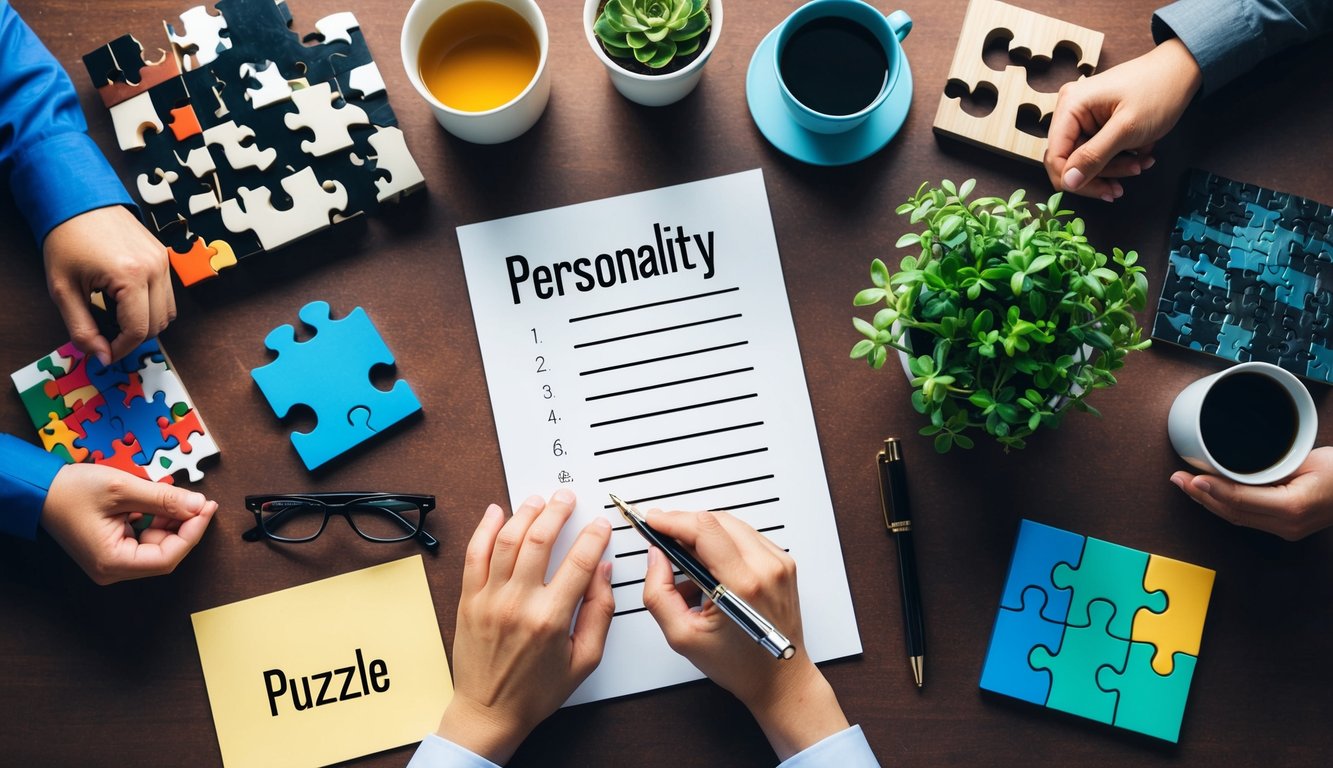 A table with a pen and paper, surrounded by various objects representing different personality traits, such as a puzzle for problem-solving and a plant for nurturing