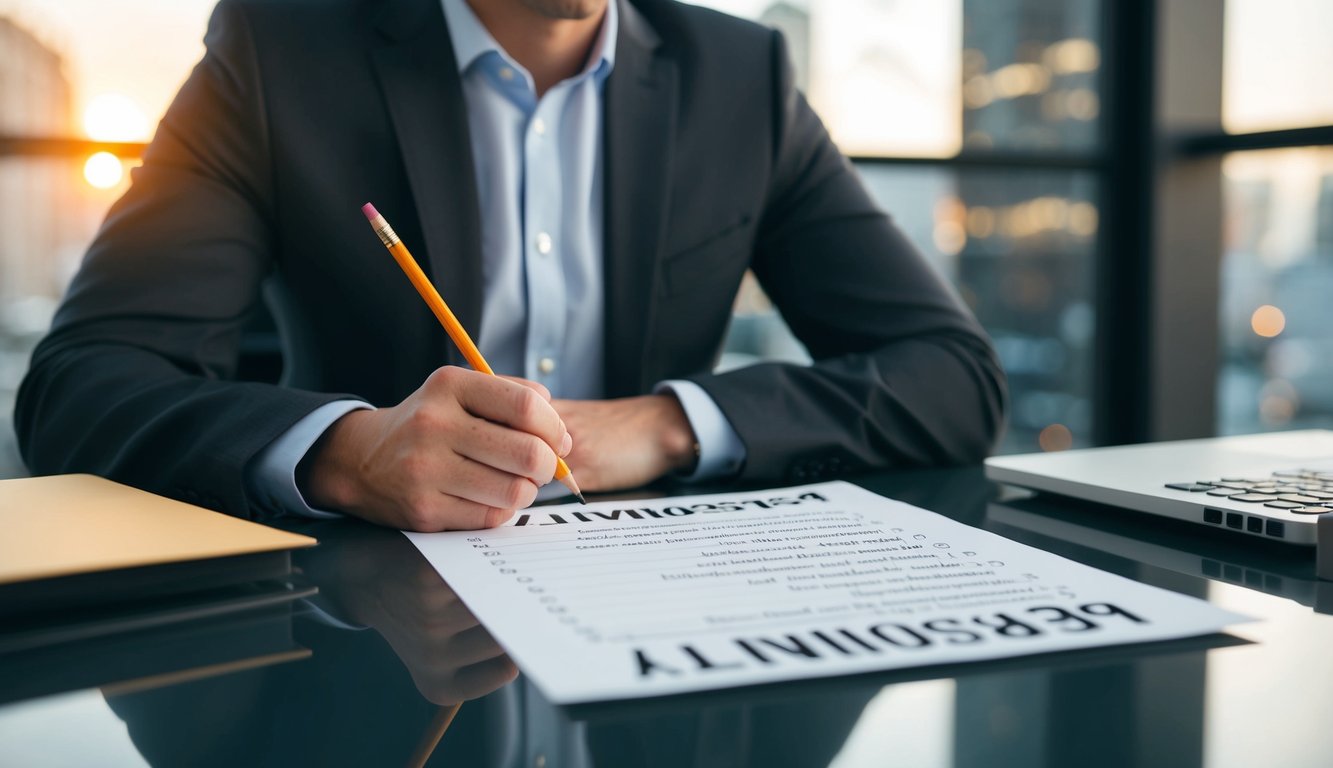 A person sitting at a desk, pondering over a series of personality test questions with a pencil in hand