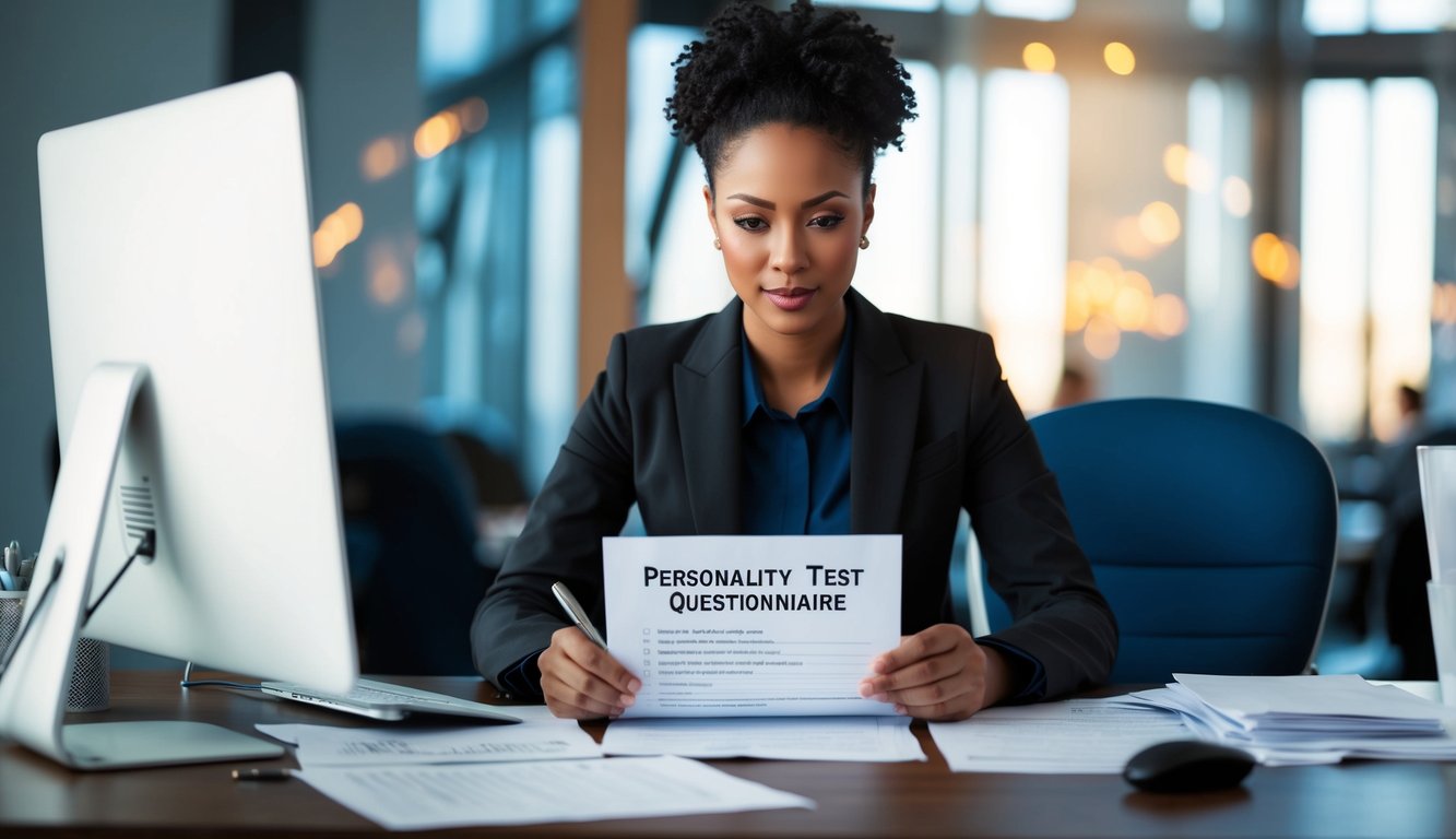 A person sitting at a desk, surrounded by papers and a computer, filling out a personality test questionnaire with a focused expression