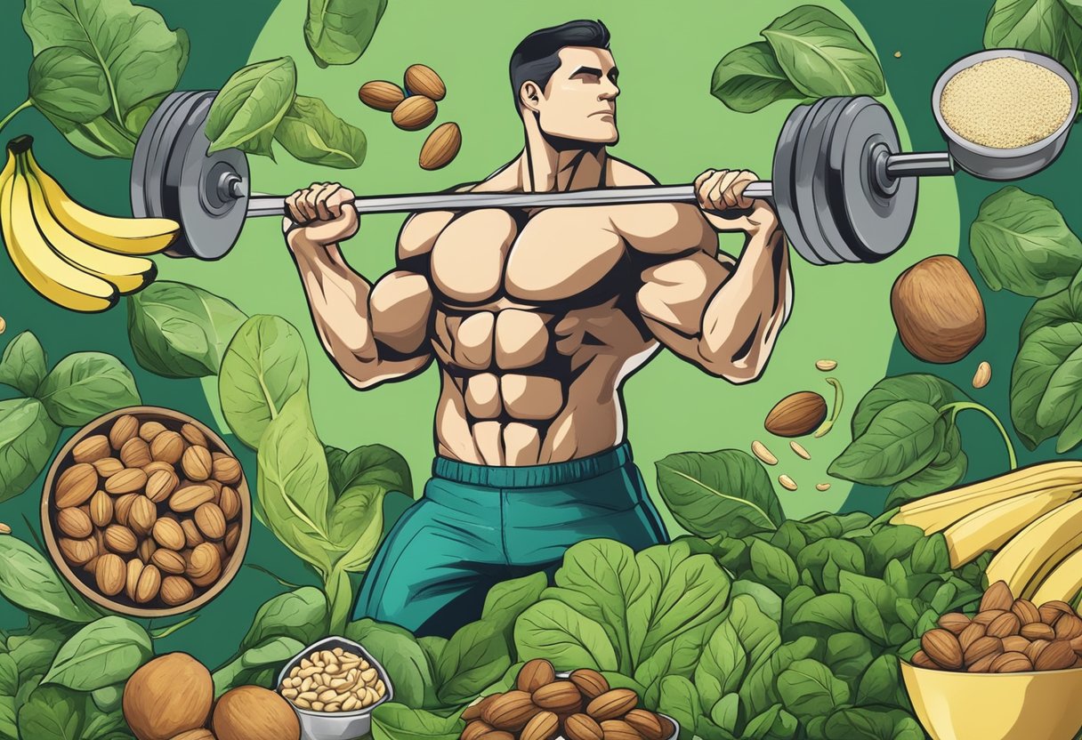 A muscular figure lifting weights, surrounded by foods high in magnesium such as spinach, nuts, and bananas. A testosterone molecule symbolically represented in the background