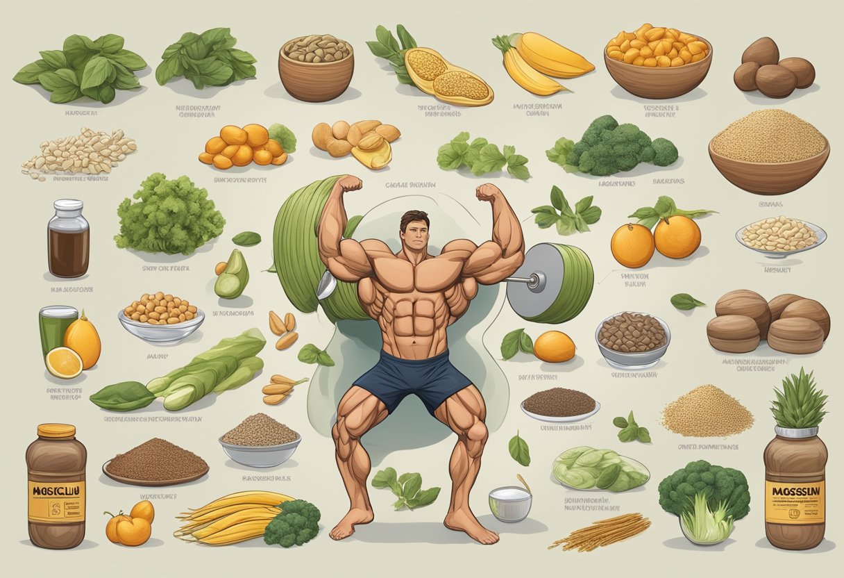 A muscular figure demonstrating strength and agility, with a focus on the muscles and their function, surrounded by various sources of magnesium-rich foods and supplements