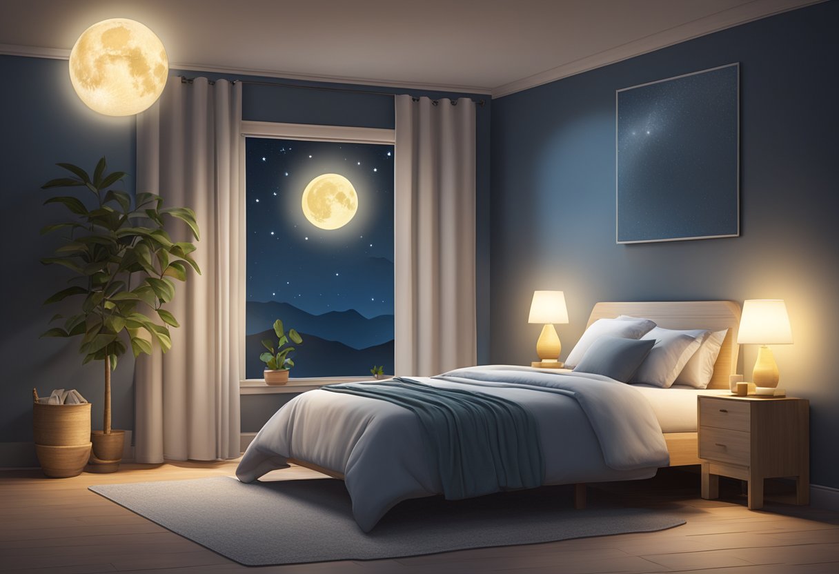 A serene night scene with a glowing moon and stars, a peaceful bedroom setting, and a bottle of magnesium supplements as a focal point