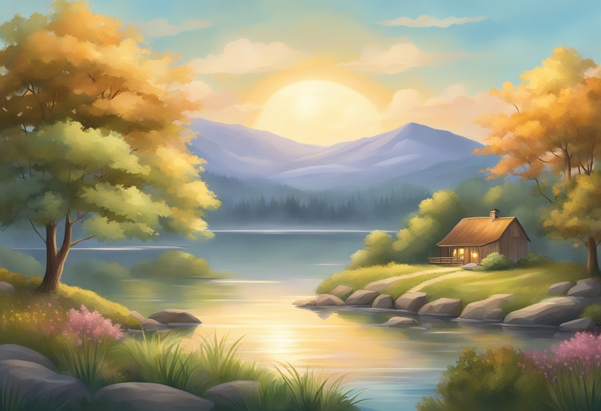 A serene, peaceful setting with a focus on elements that promote relaxation and well-being, such as soothing colors, natural landscapes, and calming imagery