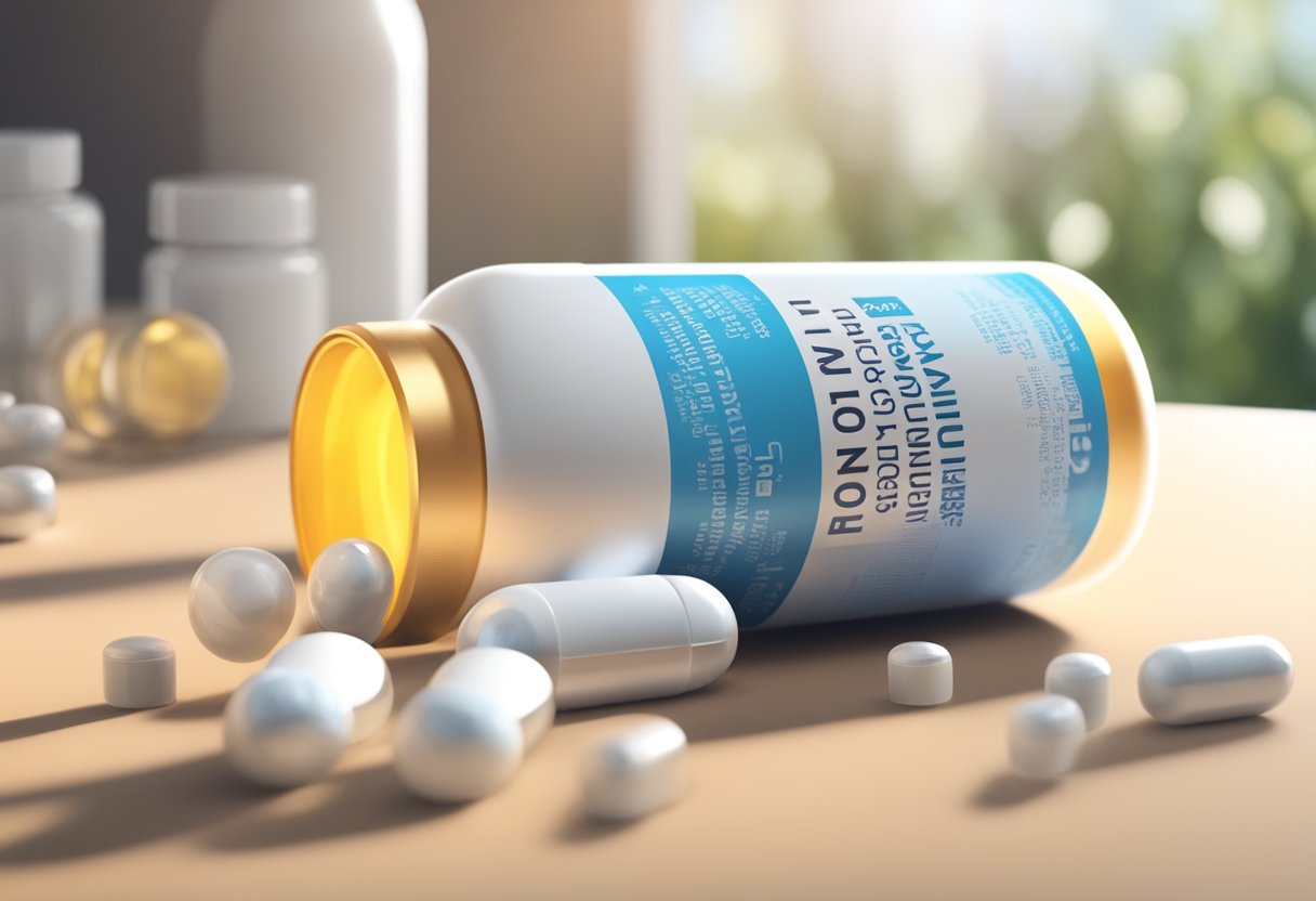 A bottle of magnesium supplements surrounded by sunlight, with vitamin D and zinc capsules nearby. A testosterone molecule hovers in the background