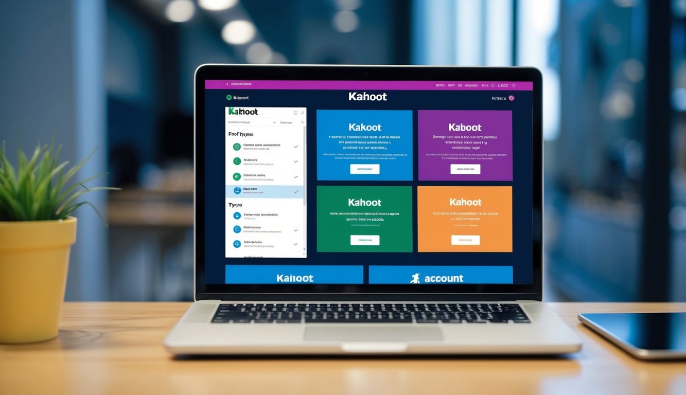 A laptop open to a webpage showing different account types for Kahoot, with various options and features displayed