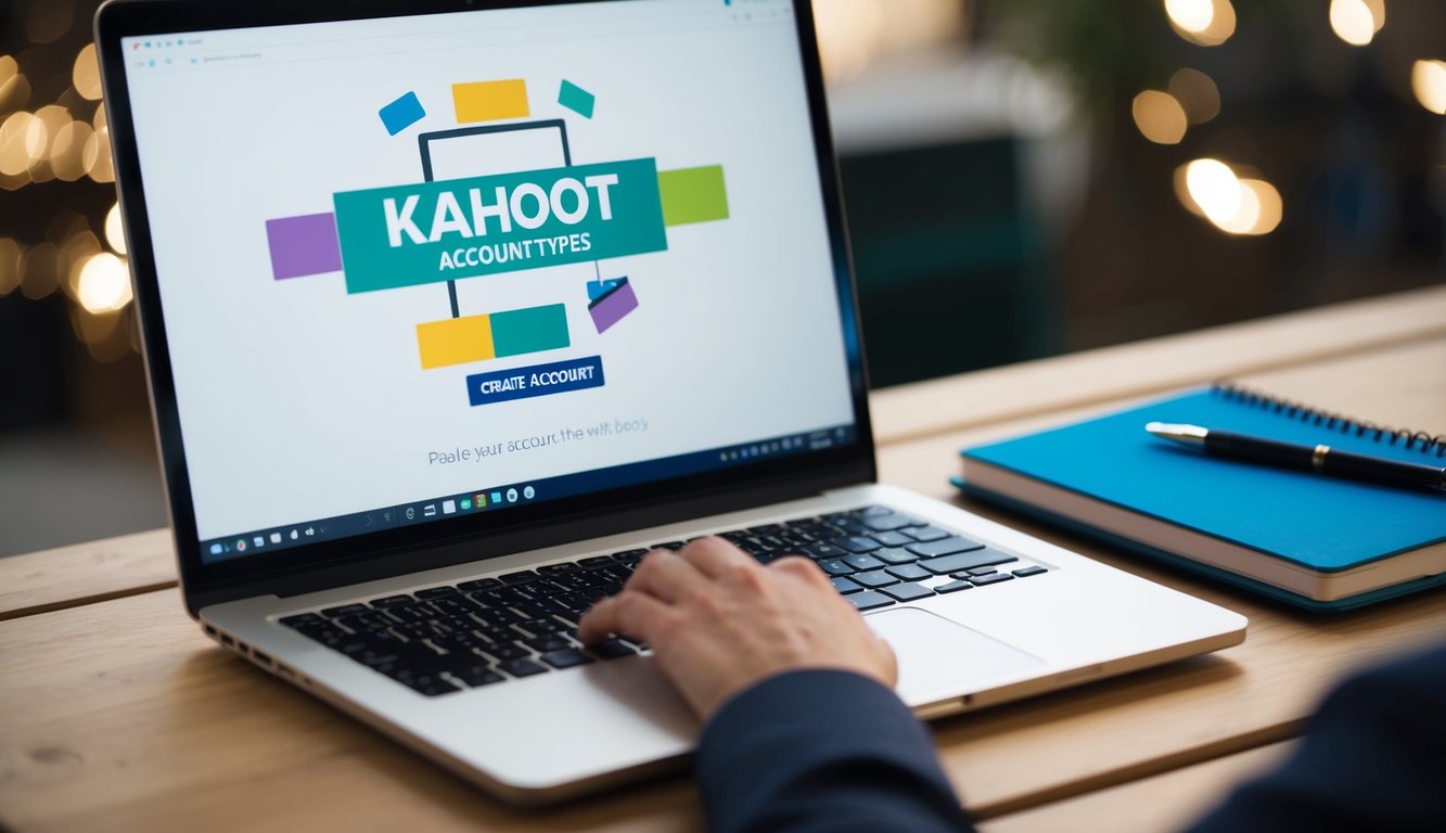 A laptop displaying the kahoot account types page, with a mouse hovering over the "create account" button. A notebook and pen sit beside it