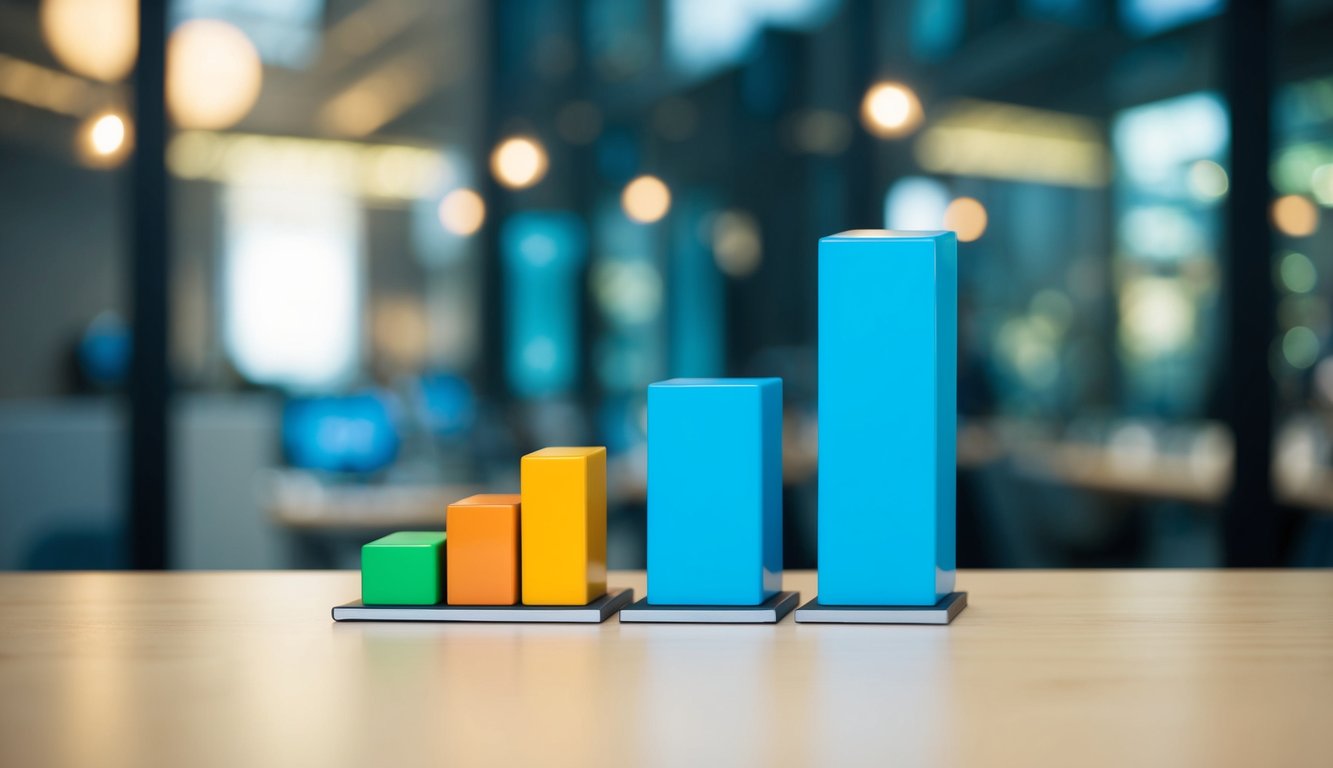 A bar graph and pie chart are displayed next to each other, representing statistics in marketing. The bar graph shows sales data, while the pie chart breaks down market share