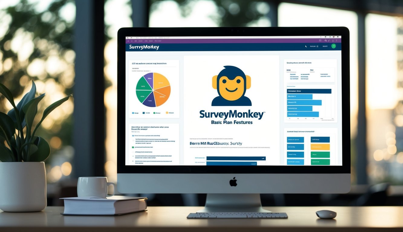 A computer screen displays the SurveyMonkey logo and basic plan features, with a chart and survey questions in the background