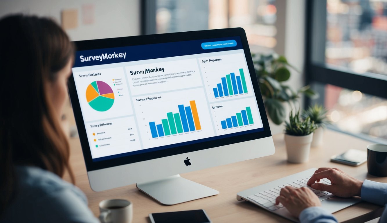 A computer screen displaying SurveyMonkey's basic plan features, with a chart or graph showing survey data, and a user inputting responses