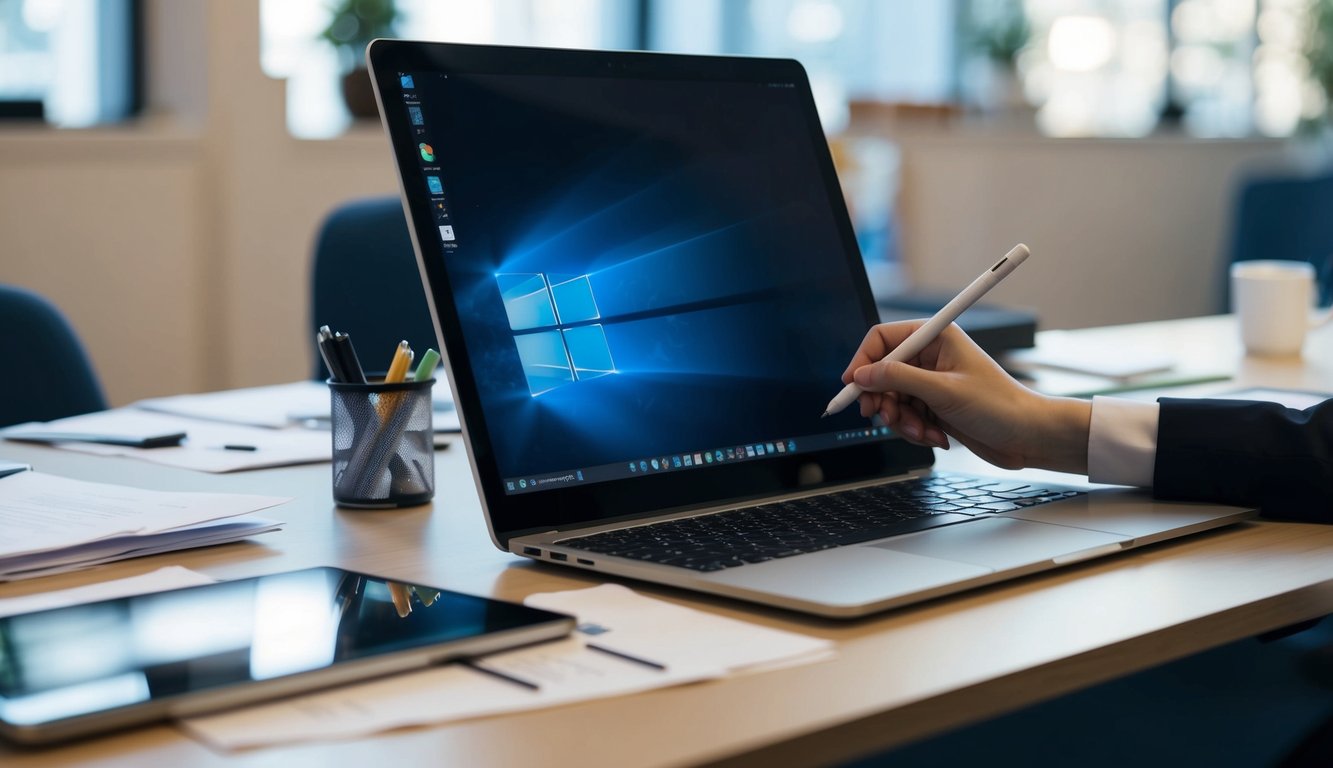 A laptop and tablet sit side by side on a desk, with a stylus resting on the tablet. The devices are surrounded by scattered papers and office supplies