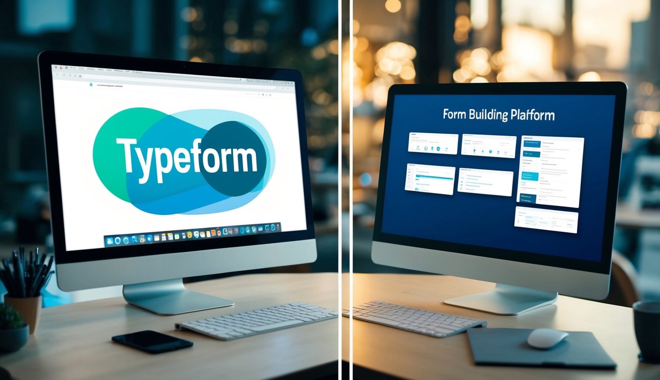 A computer screen split in half, with Typeform on one side and another form building platform on the other. Each side showcases the different features and capabilities of the respective platforms