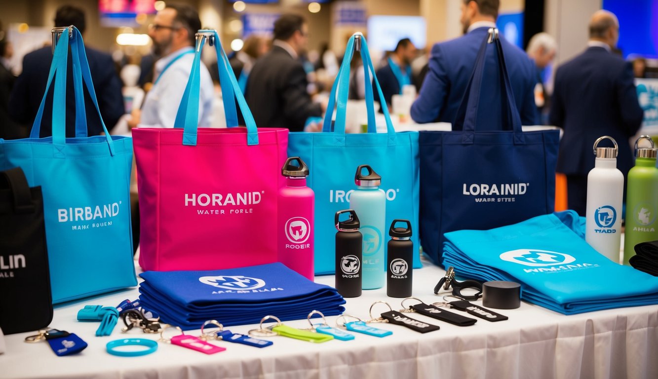 A vibrant display of branded merchandise, such as tote bags, water bottles, and keychains, arranged attractively on a table at a bustling trade show